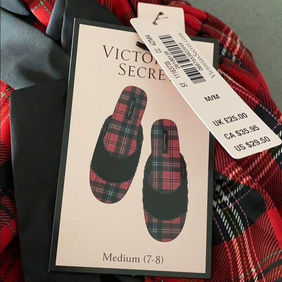 Victoria’s Secret Signature Satin Slippers Red Plaid / Size Medium 7-8 - Picture 3 of 9